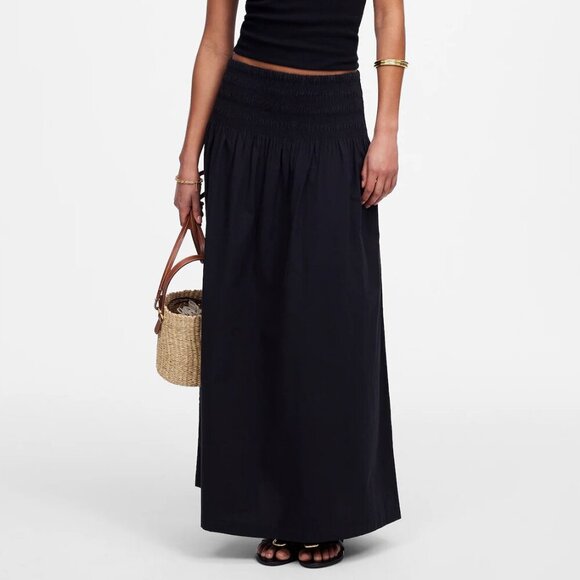 Madewell Smocked Waist Cotton Poplin Relaxed Midi Skirt Black Size L NWT - Picture 1 of 11